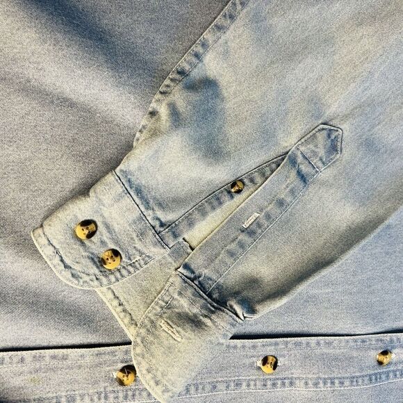 Patriotic Outrageous Sport Men Denim Button Down Shirt Blue Embroidered Cotton L - Picture 7 of 13